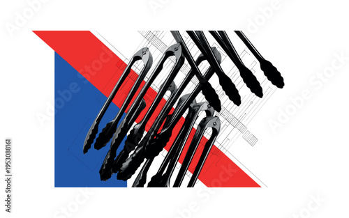 Black and white abstract repetition of multiple tongs layered slightly offset, bold red diagonal stripe slicing through the arrangement, blue geometric