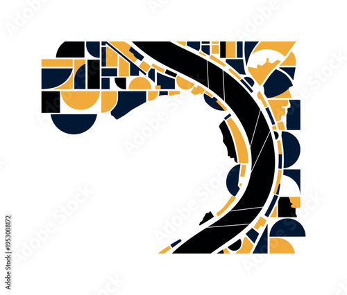 Black and white river curve seen from above, transformed into abstract geometric blocks and semicircles representing layered terrain, minimal diagonal lines