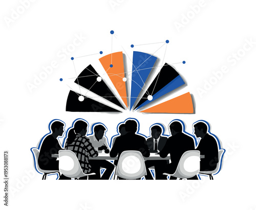 A black and white group of silhouetted figures gathered around a table, bold geometric semicircles radiating outward like shared ideas, thin connecting lines