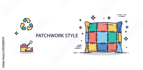 Upcycled fabric cushion project featuring a patchwork pillow created from mixed textile pieces, symbolizing comfort and sustainable design. A subtle ?Patchwork