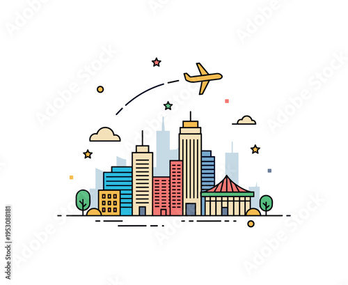 Travel destination badge showing a simplified cityscape with a small airplane icon arcing above, expressing tourism and global mobility. The compact editorial
