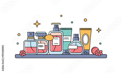 Perfume bottles and cosmetic items grouped on a mirror countertop with subtle decorative flowers, conveying elegance and self-care ritual. Minimalist flat