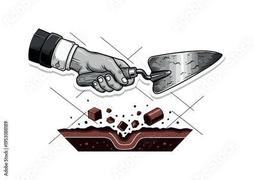 A monochrome hand gripping a vintage trowel, soil illustrated as sharp geometric blocks and cylinders breaking apart, thin diagonal lines adding dynamic