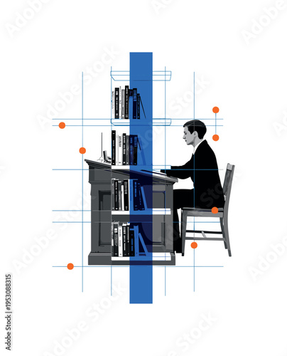 Black and white retro library desk with person seated in profile, bold blue vertical bar dividing composition like shelf structure, thin grid lines referencing