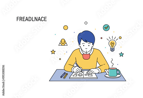A freelancer doodling on a sketchpad while sipping tea at a small table, illustrating casual creativity, relaxation, and recharging ideas. Minimalist flat