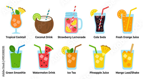 A vibrant collection of flat design illustrations featuring ten different refreshing beverages, including tropical cocktails, juices, and sodas, perfect for summer themes.