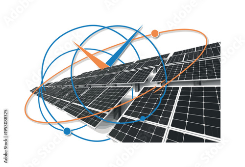 Black and white realistic solar panels enlarged in perspective, intersected by abstract circular orbit paths and linear signal beams, flat accents in cobalt