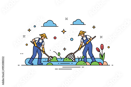 Algal bloom control with workers removing algae manually from a pond with nets, showing hands-on environmental care and maintenance. Minimalist flat vector