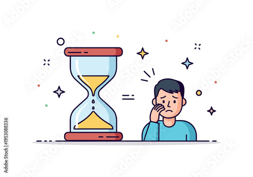 Pressure of time visualized by an hourglass with sand running low and a figure looking anxiously, representing urgency and fleeting moments. Minimalist flat