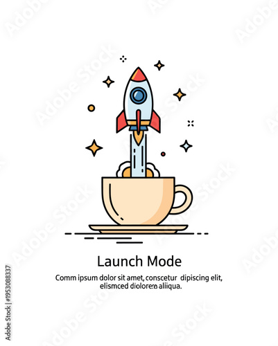 Startup energy metaphor featuring a single espresso cup with a rocket emerging vertically and tiny star accents around it, symbolizing ambition and rapid