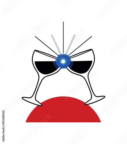 Black and white two glasses clinking at center of composition, intense cobalt blue circle highlighting the contact point, deep red semicircle grounding the