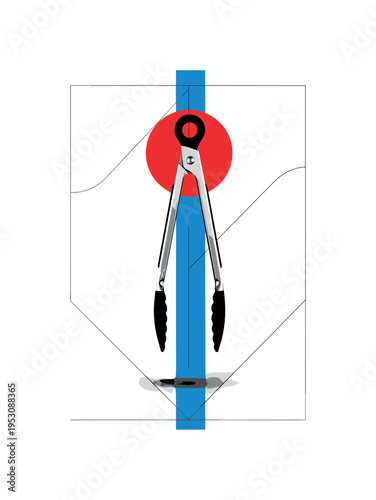 Black and white tongs suspended mid-air with shadow below, bold red circle offset behind upper hinge, blue vertical stripe dividing composition, thin geometric