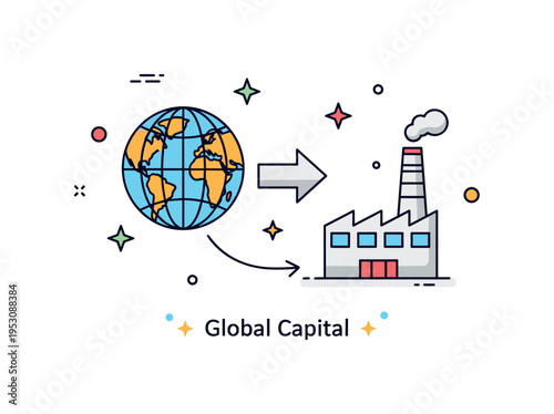 Foreign direct investment illustrated by a globe icon connected with a bold arrow to a factory building symbolizing cross border capital flow. A subtle ?Global