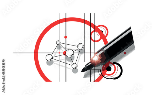 Close-up monochrome marker drawing connecting lines between idea bubbles, framed by a bold red circle and thin vertical structural lines, intense flash of