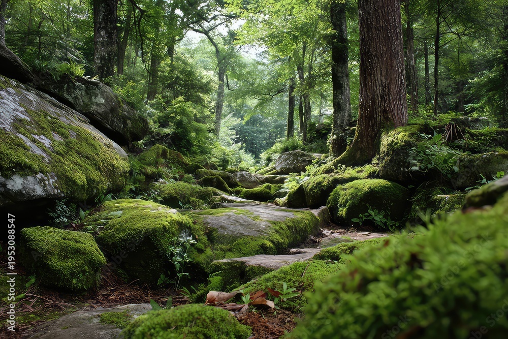 Obraz premium Green mossy rocks in a shaded forest