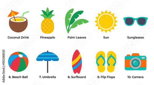 A collection of flat design vector icons representing summer vacation elements like a coconut drink, pineapple, palm leaves, sun, sunglasses, beach ball, umbrella, surfboard, flip flops.