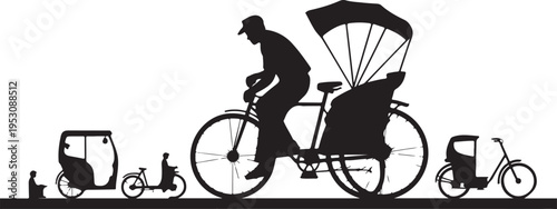 Black silhouettes of people riding bicycles and tricycles