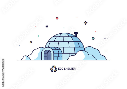 Arctic sustainable architecture idea centered on a dome shaped igloo surrounded by minimal snowdrifts. A small recycling symbol and compact ?Eco Shelter? text