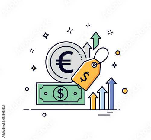 Inflation awareness theme centered on a currency sign combined with a rising price tag icon and small upward arrows, suggesting cost increase and economic