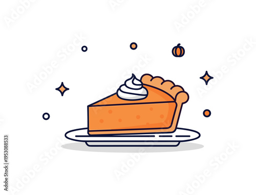 Pumpkin pie dessert moment illustrated by a single slice on a plate with a tiny whipped cream swirl and decorative sparkle accents. A cheerful badge style