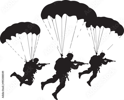 Black silhouettes of three parachuters with guns white background