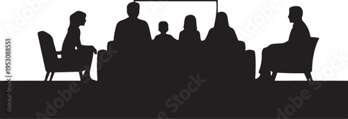 Black silhouettes of people sitting around a table