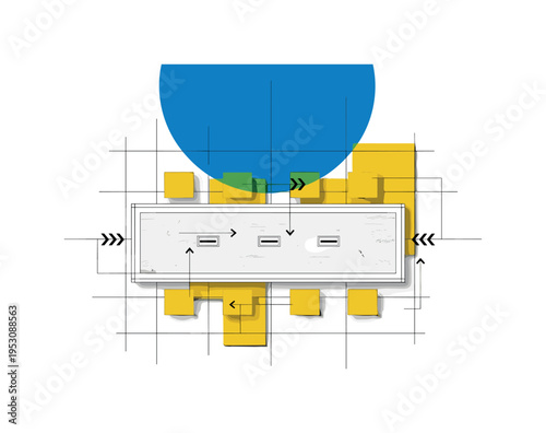 Black and white long communal table viewed from above, bold blue circle partially cropped behind, yellow abstract blocks arranged like seating modules, thin