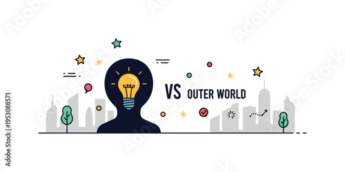 Inner world versus outer world concept showing a small glowing lightbulb inside a silhouette while a neutral city skyline appears outside, expressing hidden