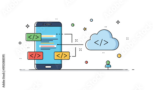 Mobile app coding smartphone screen connected to small code brackets and cloud icon, expressing deployment and digital innovation. A dynamic concept