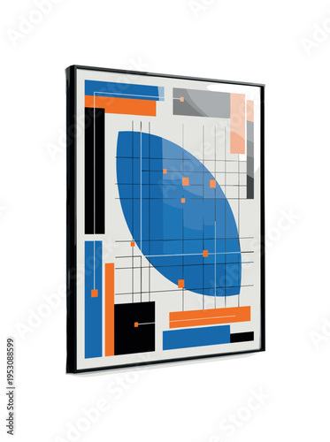Black and white framed mirror reflecting bold wallpaper feature wall pattern, large flat blue semicircle intersected by thin grid lines like interior plan,