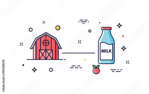 Sustainable farm to table milk journey illustrated by a small barn icon connected by a subtle line to a milk bottle, expressing transparent supply chain and