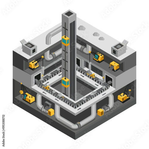 Isometric Factory Illustration - Automated Production and Material Handling System.