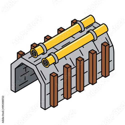 Isometric Illustration of a Tunnel Structure with Pipes and Supports.