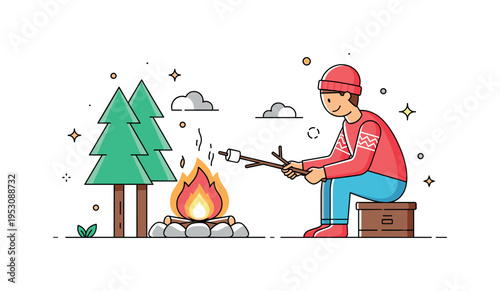 Person tending a campfire in the woods, flipping a marshmallow on a stick with warm glow reflecting on nearby trees, capturing calm, outdoor leisure, and cozy