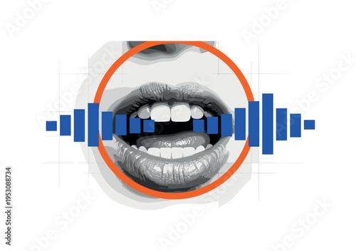 Black and white close-up of lips slightly parted wearing bold glossy lipstick, oversized deep blue circular halo behind the mouth, thin red vertical stripe