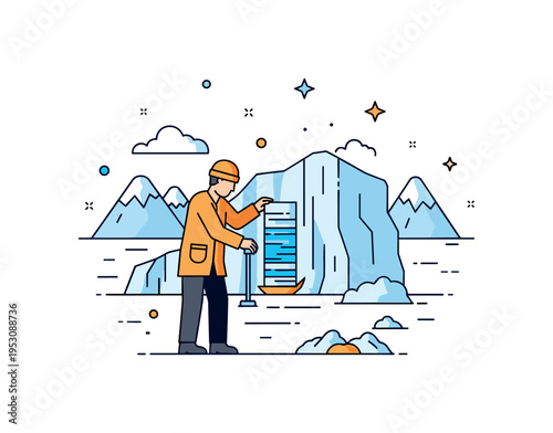 Scientist examining ice cores on an Antarctic plateau, surrounded by snow and distant mountains, reflecting careful research and environmental monitoring.