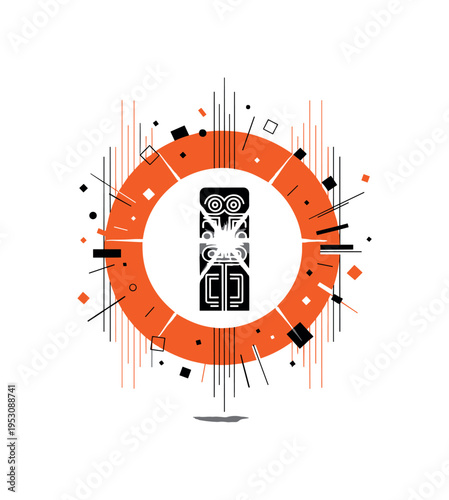 Monochrome symbolic totem or cultural emblem centered inside an orange circular frame, thin vertical lines and small geometric confetti shapes surrounding it,