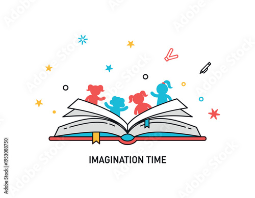 Library story hour concept centered on a single open book with small character silhouettes emerging from its pages. A compact ?Imagination Time? caption