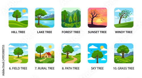 Collection of stylized vector illustrations depicting trees in different scenic environments like hills, lakes, forests, and during sunsets.
