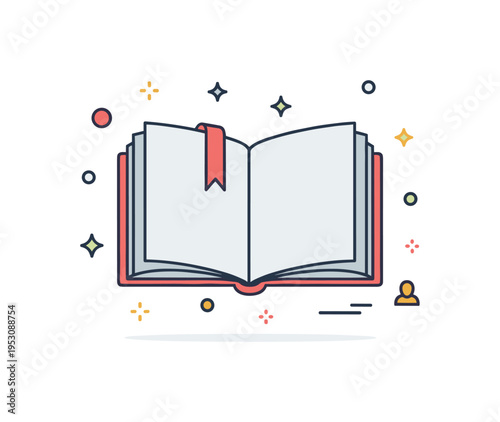 Open book with a bookmark placed diagonally across the pages, surrounded by tiny abstract stars and dots, emphasizing literary focus and style. Minimalist flat
