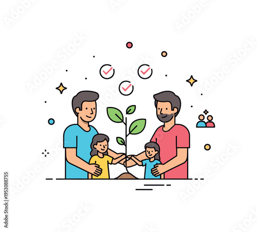 Building trust over time small plant growing between family members with subtle check marks above it, symbolizing patience and care. A reassuring editorial