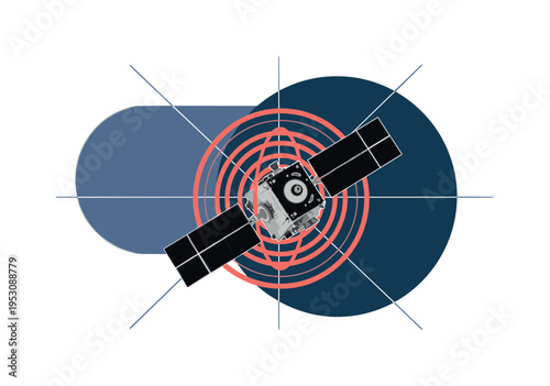 A realistic monochrome satellite drifting in space, gravitational waves visualized as bold circular ripples intersecting the satellite body, thin linear axes