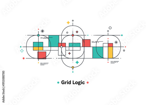 Abstract geometric grid arrangement combining thin outlined circles and solid blocks in neat alignment. Small dot accents and a ?Grid Logic? caption express