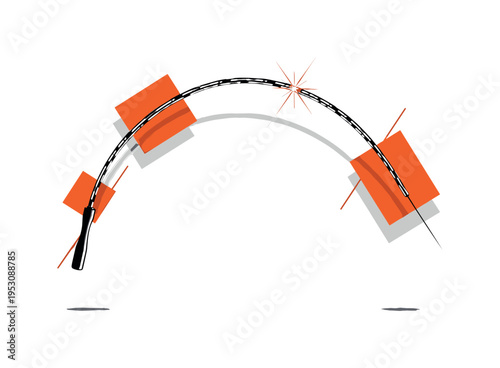 Black and white jump rope mid-air forming a curved arc, intersected by bold orange abstract blocks and thin diagonal lines creating dynamic composition, sharp