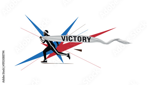 Black and white person running forward while holding a flowing "Victory" banner, sharp angular shards and thin diagonal lines enhancing motion, cobalt blue and