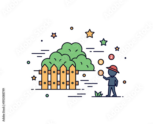 Summer hide and seek game illustrated by a small fence and bush cluster with subtle motion lines and a counting child silhouette, symbolizing carefree seasonal