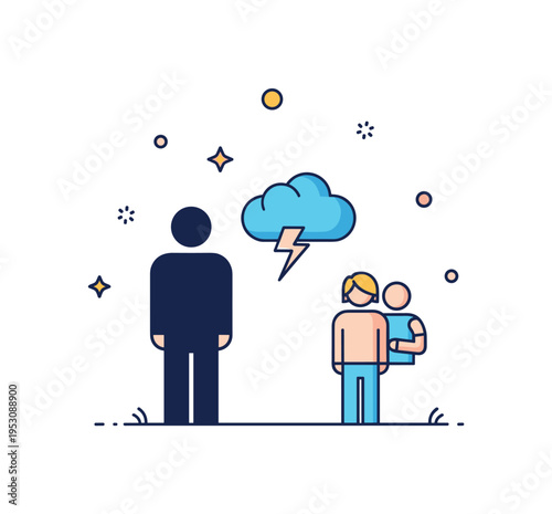 Courage in difficult moment concept centered on a single upright silhouette facing a small storm cloud icon with a second figure standing safely behind. The