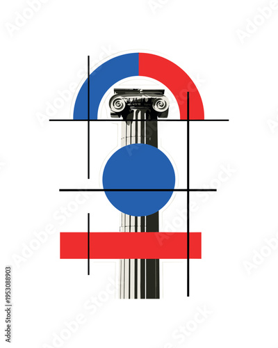 A black and white classical column in retro photographic style intersected by bold geometric circles and sharp rectangular blocks, abstract semicircles framing