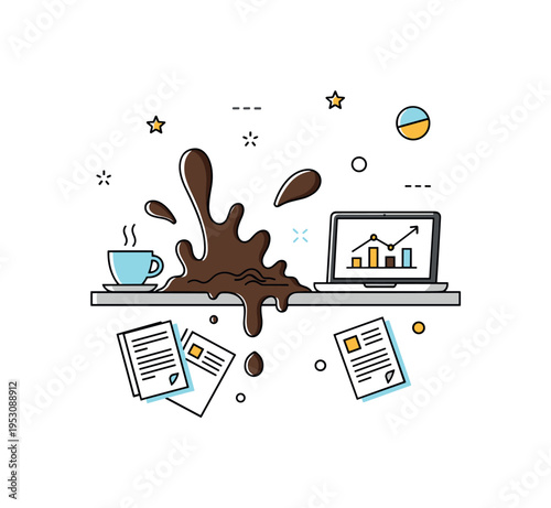 Coffee spill forming irregular shapes across a table with scattered documents and a laptop, highlighting mess, accident, and workplace mishaps. Minimalist flat