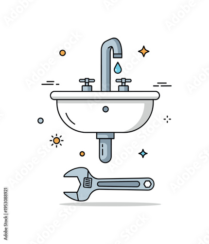 Bathroom fixture repair simplified sink with a dripping faucet and a wrench positioned below to suggest maintenance and improvement. A focused editorial